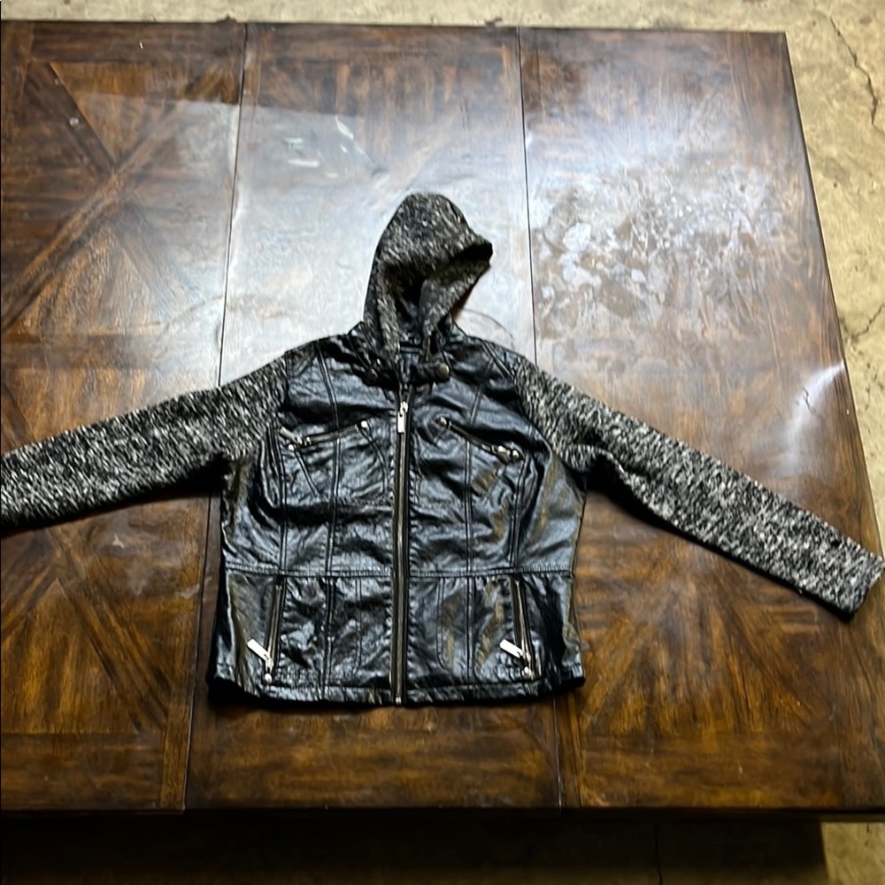 Women’s Black leather and Gray Hooded Jacket